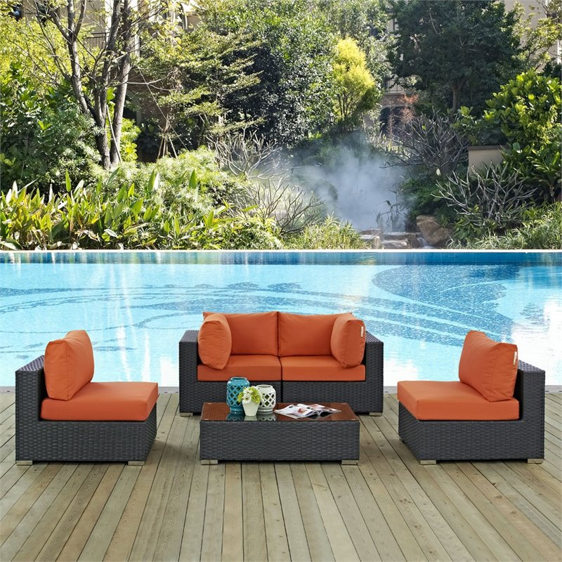 Modway Sojourn 5-Piece Aluminum and Rattan Patio Sectional Set - Canvas/Tuscan