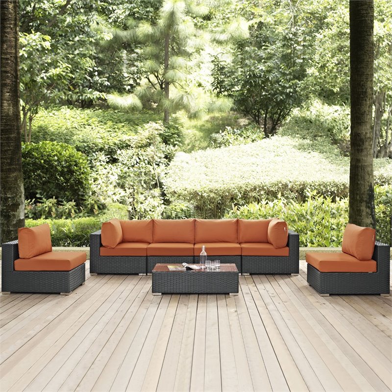 Modway Sojourn 7-Piece Aluminum and Rattan Patio Sectional Set in Canvas/Tuscan
