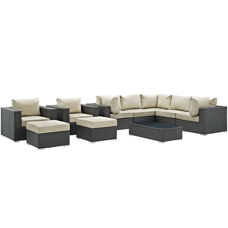 Modway Sojourn 10-Piece Aluminum and Rattan Patio Sectional Set in Canvas/Beige