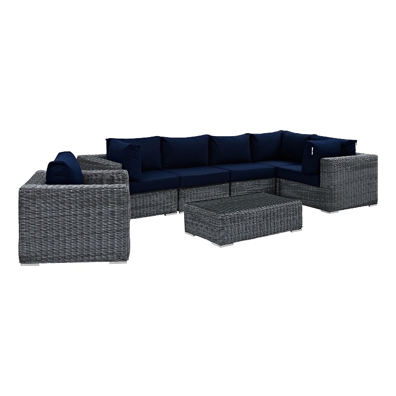 Modway Summon 7-Piece Aluminum Rattan Patio Sectional Set in Canvas/Navy