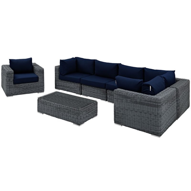 Modway Summon 7-Piece Aluminum Rattan Patio Sectional Set in Canvas/Navy