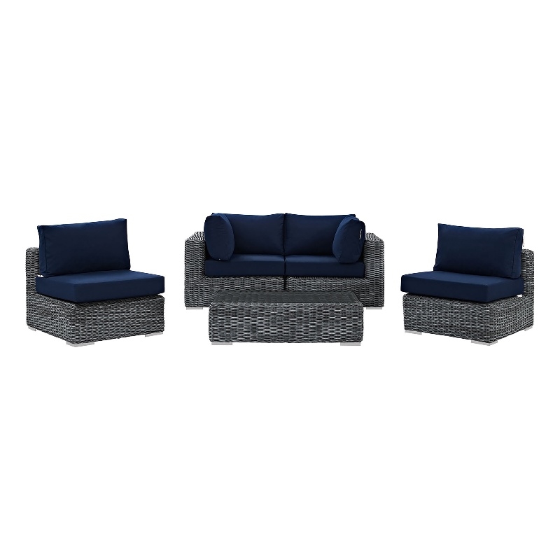 Modway Summon 5-Piece Aluminum Rattan Patio Sectional Set - Canvas/Navy