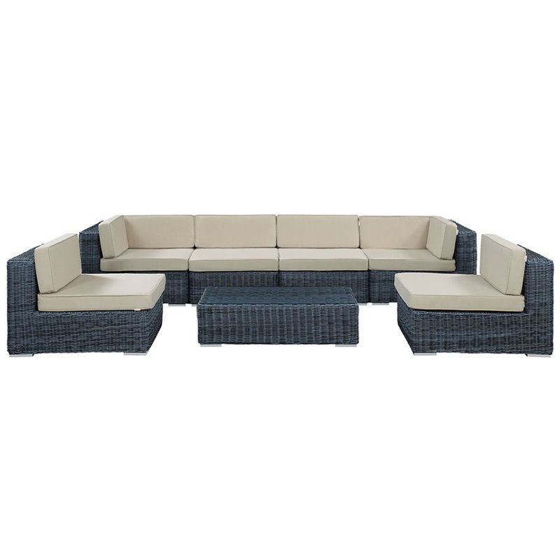 Modway Summon 7-Piece Aluminum and Rattan Patio Sectional Set in Canvas/Beige