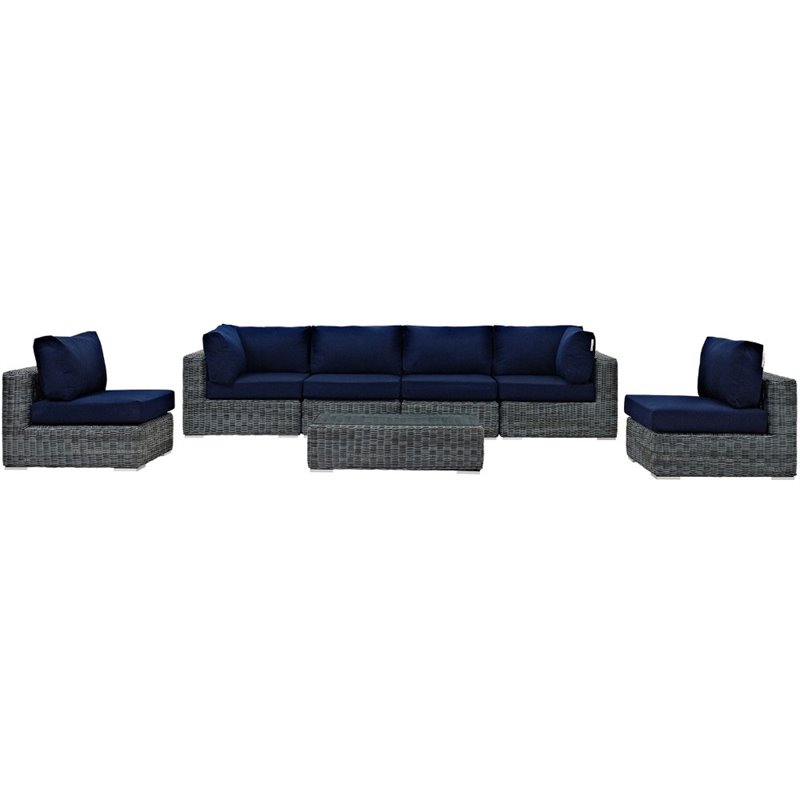 Modway Summon 7-Piece Aluminum and Rattan Patio Sectional Set in Canvas/Navy