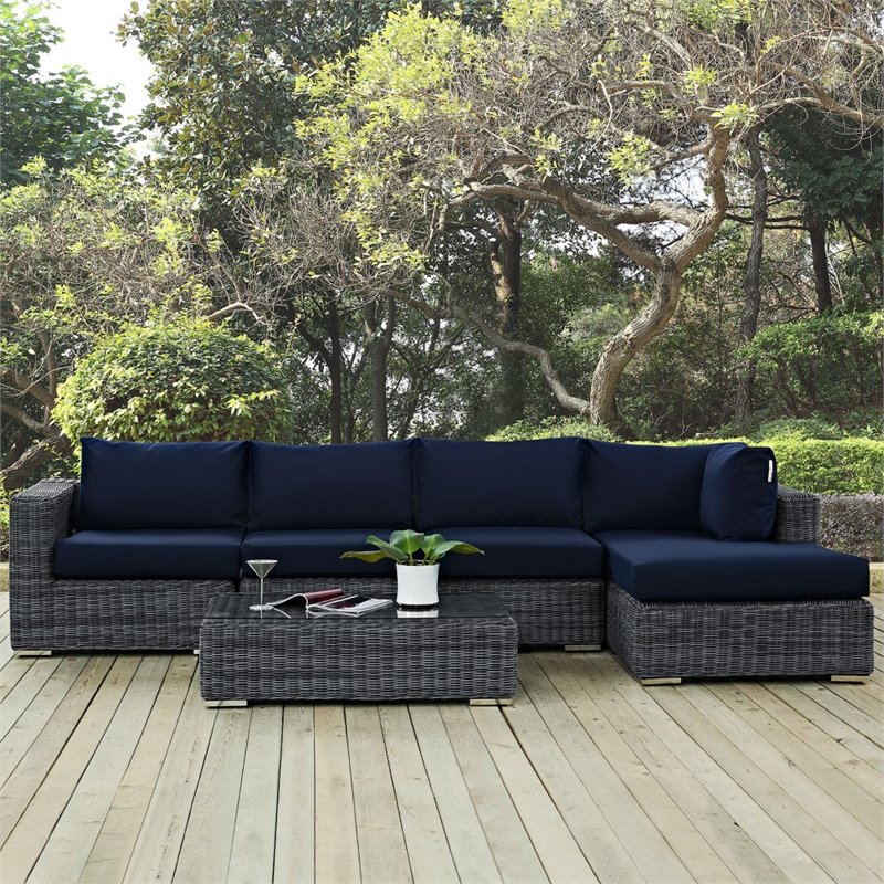 Modway Summon 5-Piece Aluminum Rattan Patio Sectional Set in Canvas/Navy