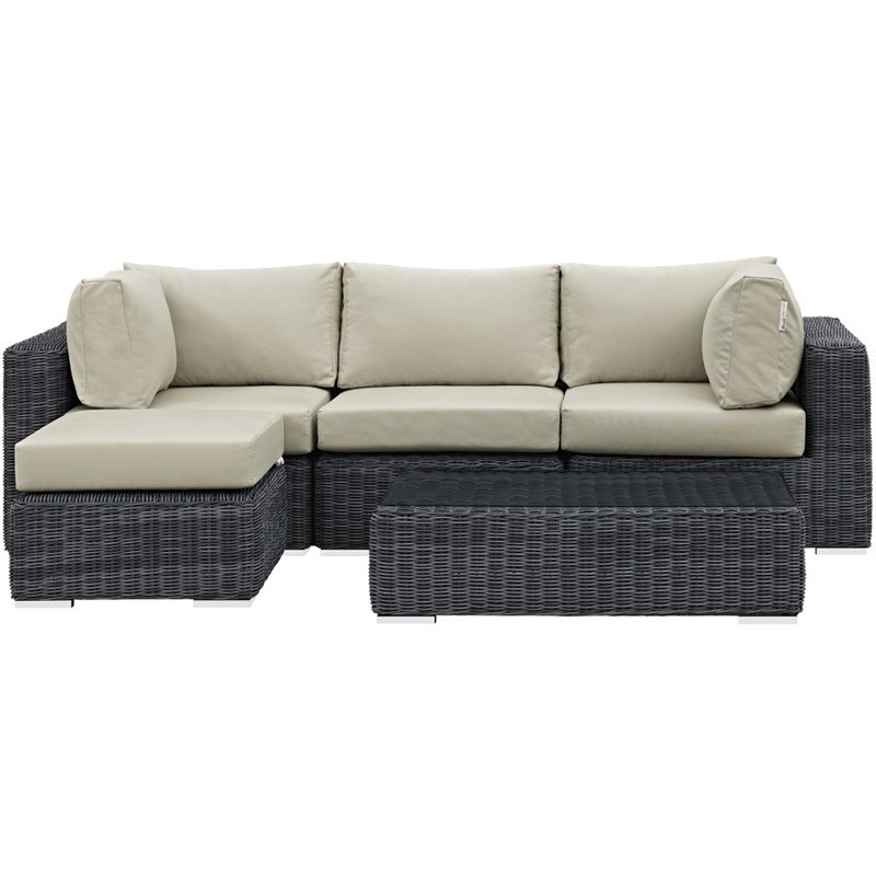 Modway Summon 5-Piece Aluminum and Rattan Patio Sectional Set in Canvas/Beige