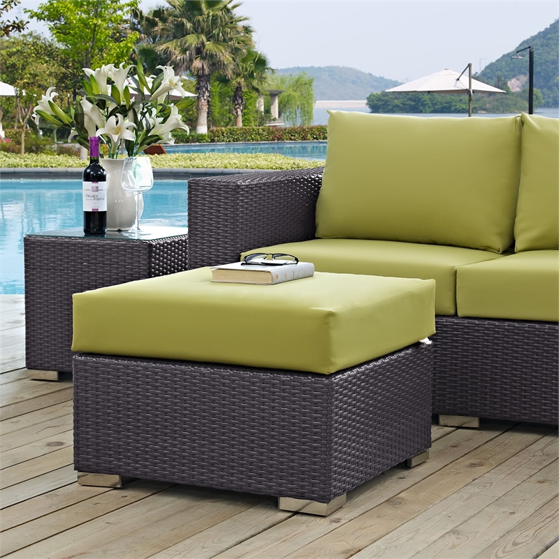 Modway Convene Square Fabric and Rattan Patio Ottoman in Espresso/Peridot