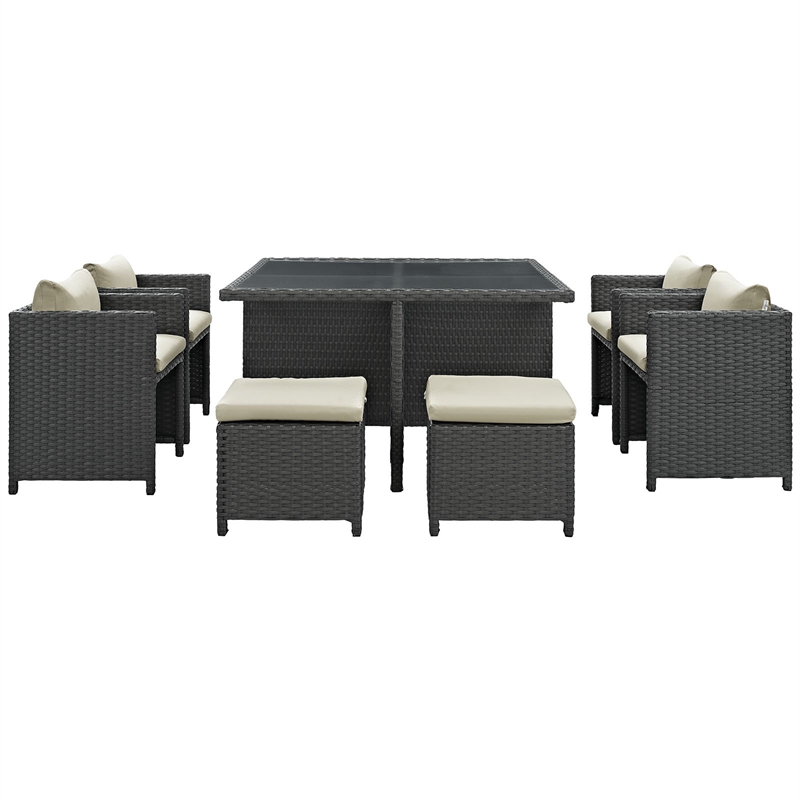 Modway Sojourn 9-Piece Aluminum and Rattan Patio Dining Set in Canvas/Beige
