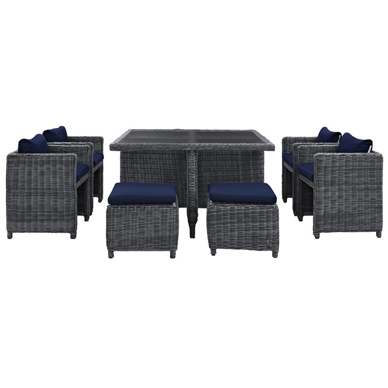 Modway Summon 9-Piece Aluminum and Rattan Patio Dining Set in Canvas/Navy