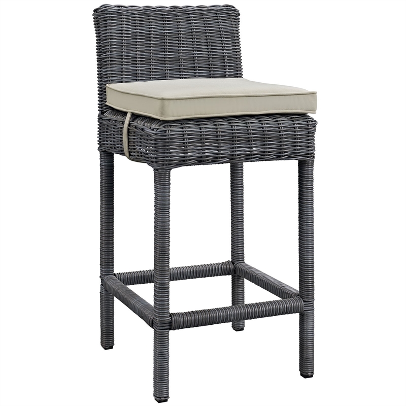 Modway Summon Aluminum and Rattan Patio Bar Stool in Canvas/Beige