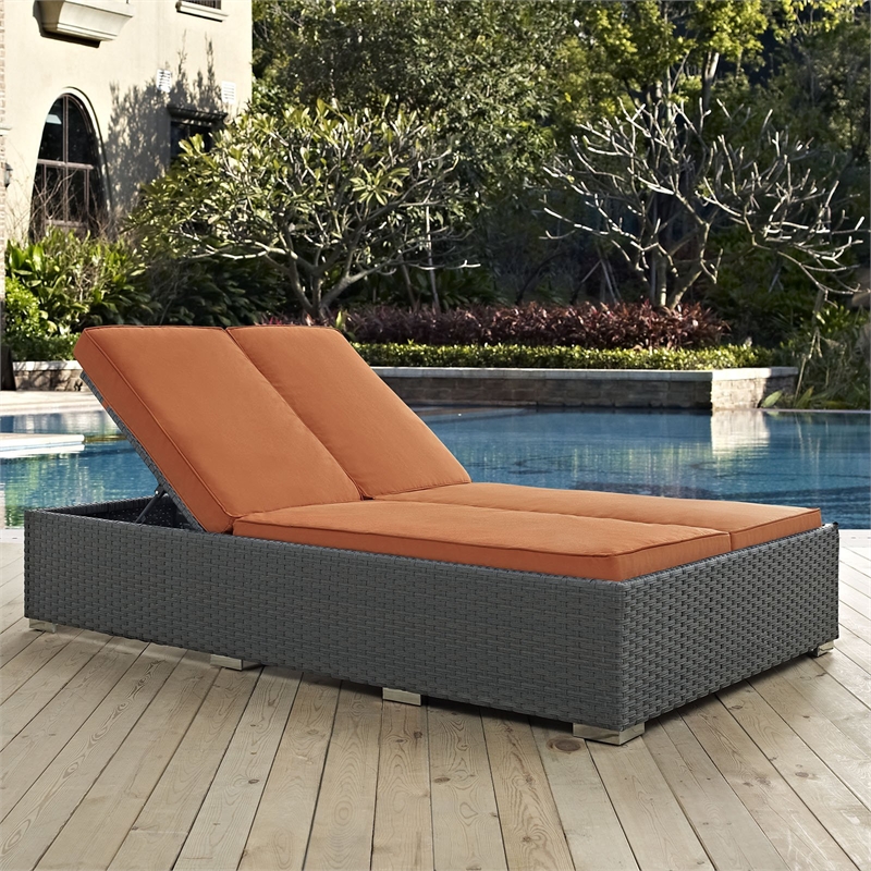 Modway Sojourn Aluminum and Rattan Patio Double Chaise in Chocolate/Navy