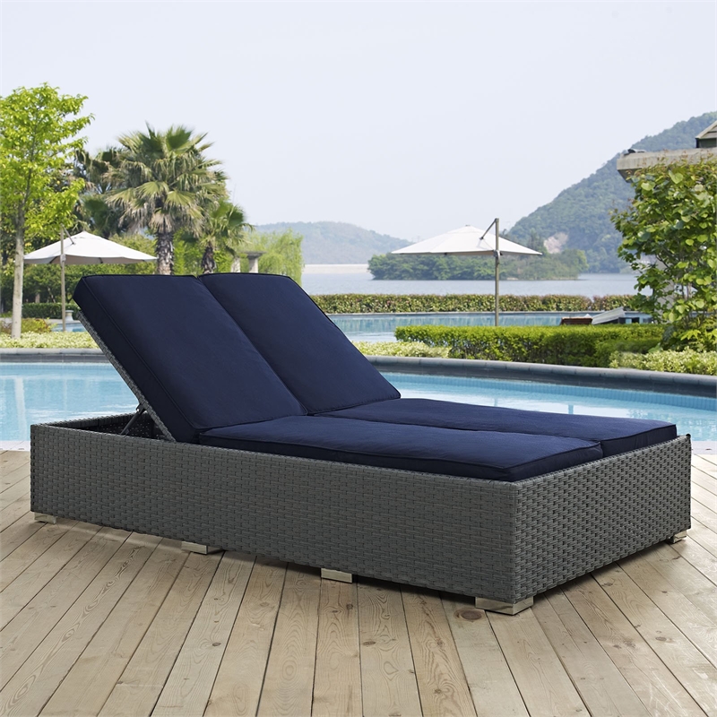 Modway Sojourn Aluminum and Rattan Patio Double Chaise in Chocolate/Navy