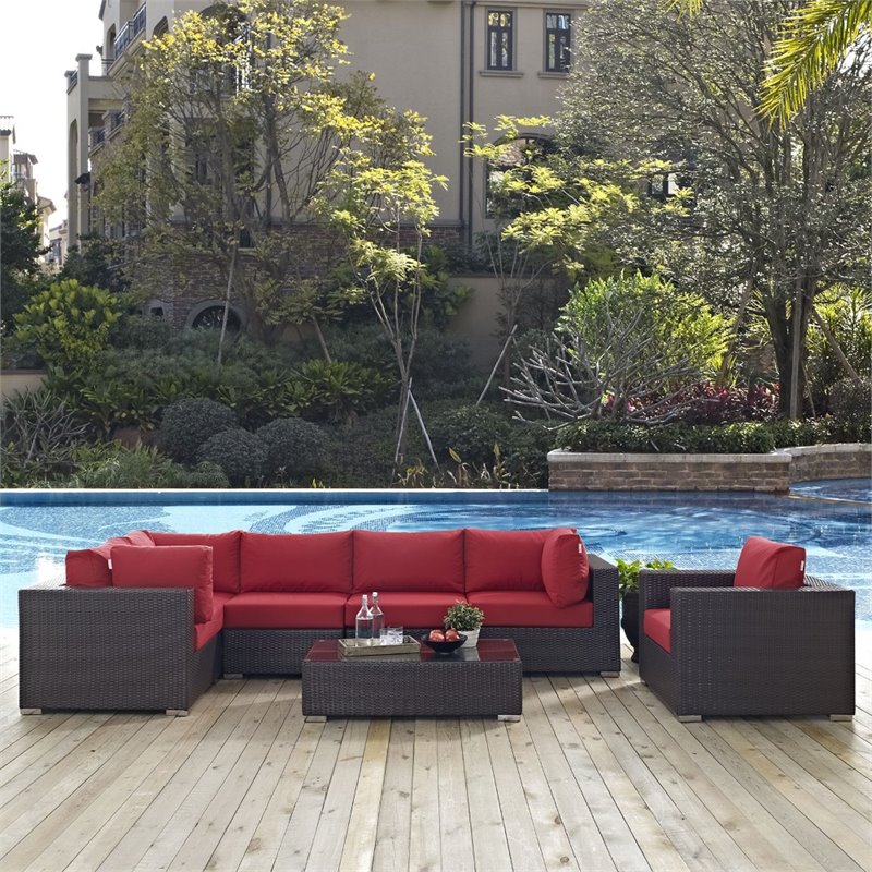Modway Convene 7-Piece Aluminum and Rattan Patio Sectional Set - Espresso/Red