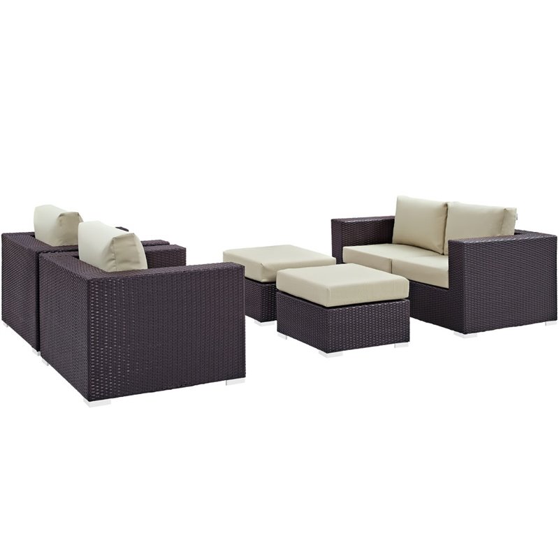 Modway Convene 5-Piece Aluminum and Rattan Patio Sofa Set in Espresso/Beige