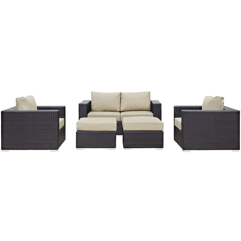 Modway Convene 5-Piece Aluminum and Rattan Patio Sofa Set in Espresso/Beige
