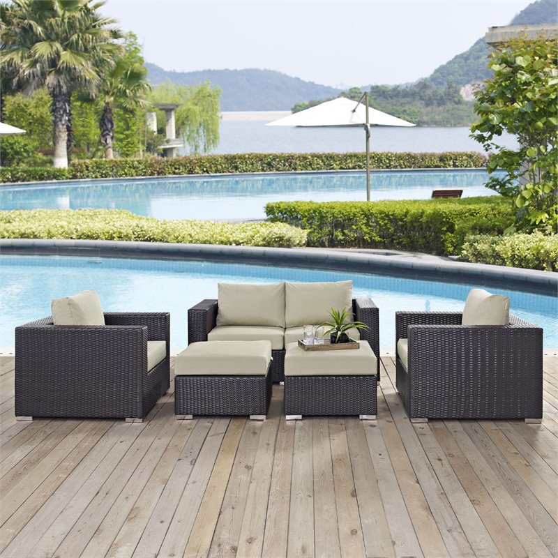 Modway Convene 5-Piece Aluminum and Rattan Patio Sofa Set in Espresso/Beige