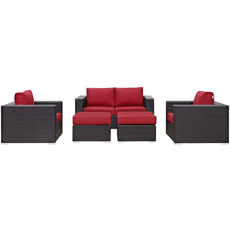 Modway Convene 5-Piece Aluminum and Rattan Patio Sofa Set in Espresso/Red