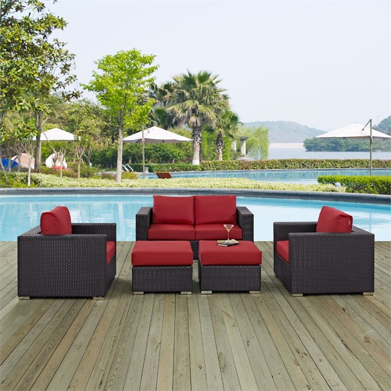 Modway Convene 5-Piece Aluminum and Rattan Patio Sofa Set in Espresso/Red