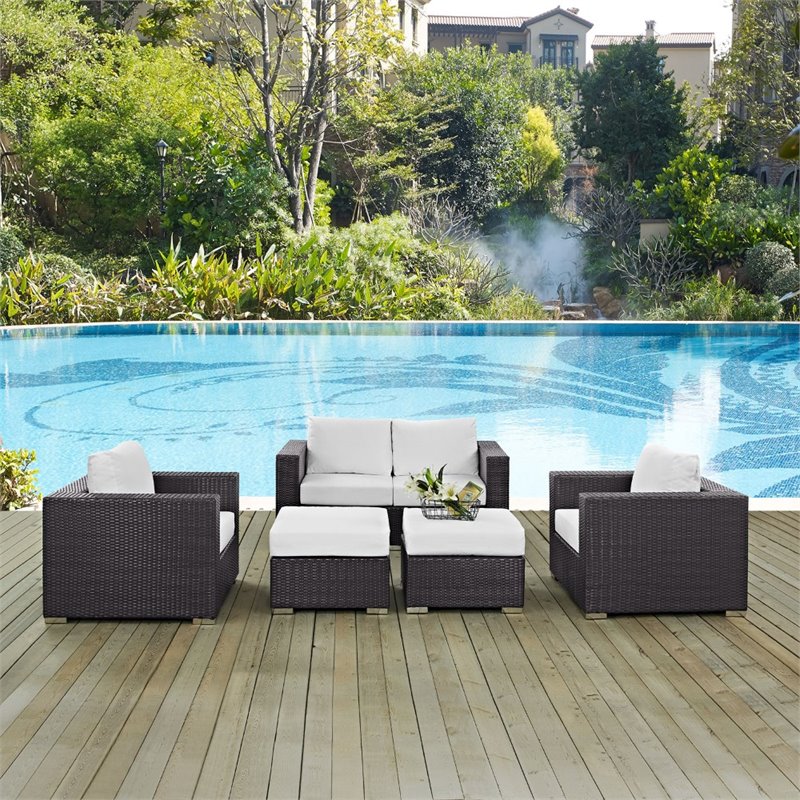 Modway Convene 5-Piece Aluminum and Rattan Patio Sofa Set in Espresso/White