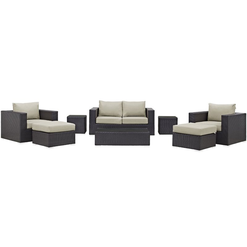 Modway Convene 8-Piece Aluminum and Rattan Patio Sofa Set in Espresso/Beige