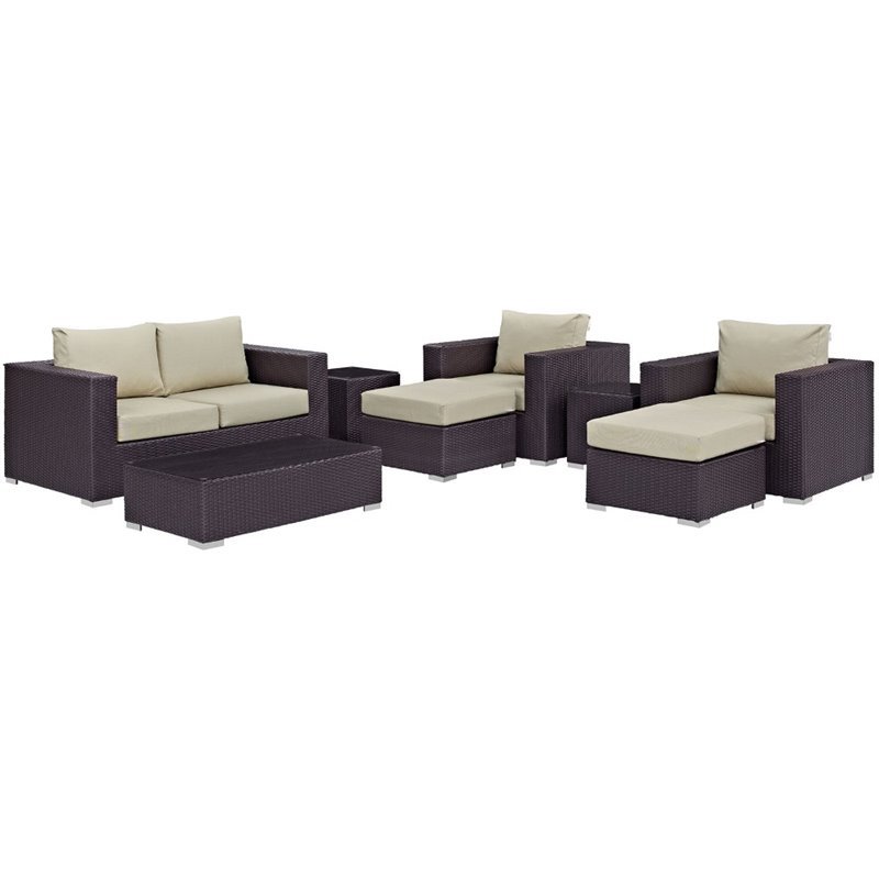 Modway Convene 8-Piece Aluminum and Rattan Patio Sofa Set in Espresso/Beige