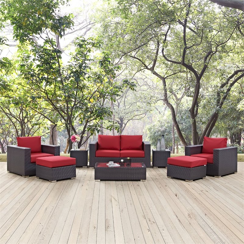 Modway Convene 8-Piece Aluminum and Rattan Patio Sofa Set in Espresso/Red