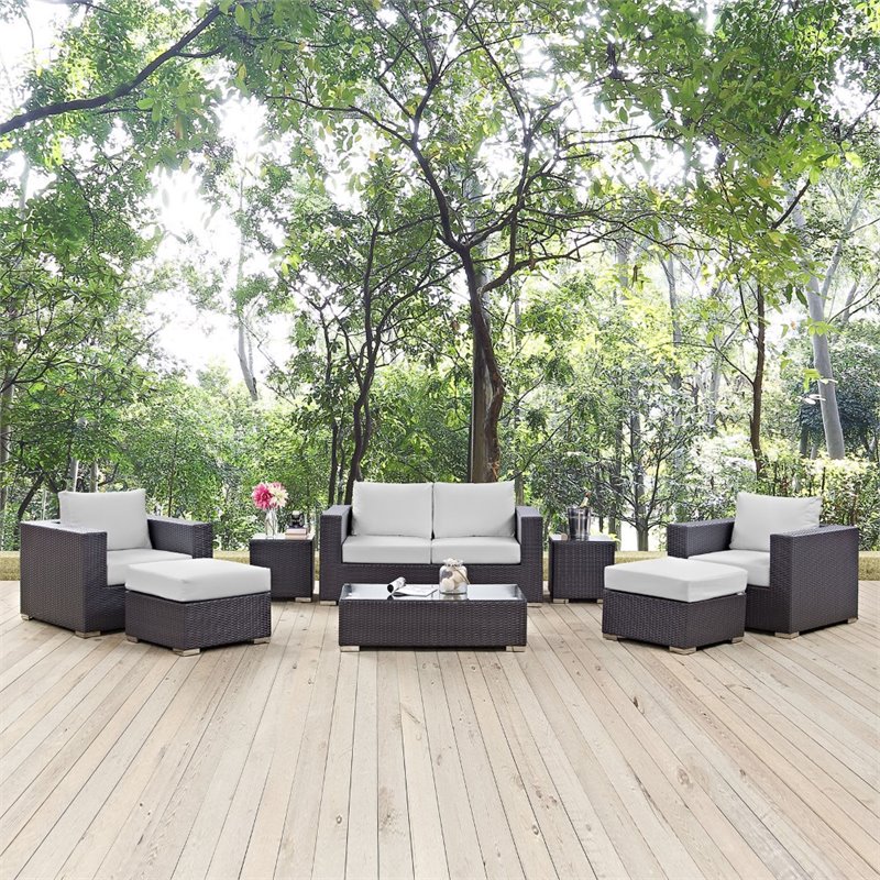 Modway Convene 8-Piece Aluminum and Rattan Patio Sofa Set in Espresso/White
