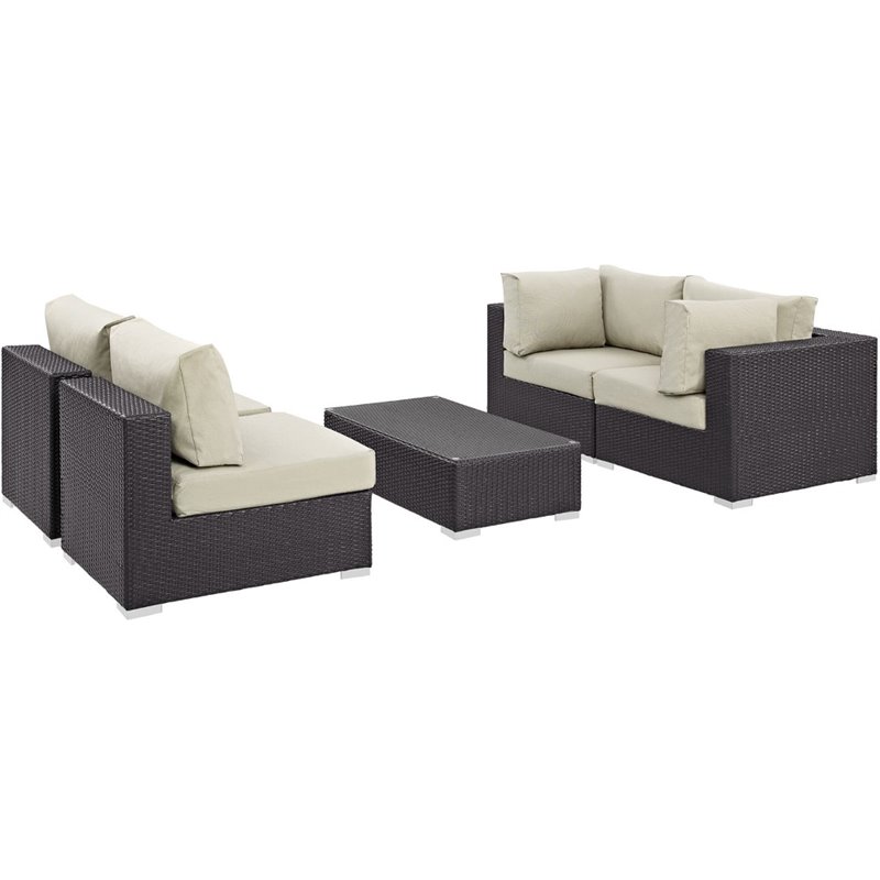 Modway Convene 5-Piece Aluminum and Rattan Patio Sectional Set - Espresso/Beige