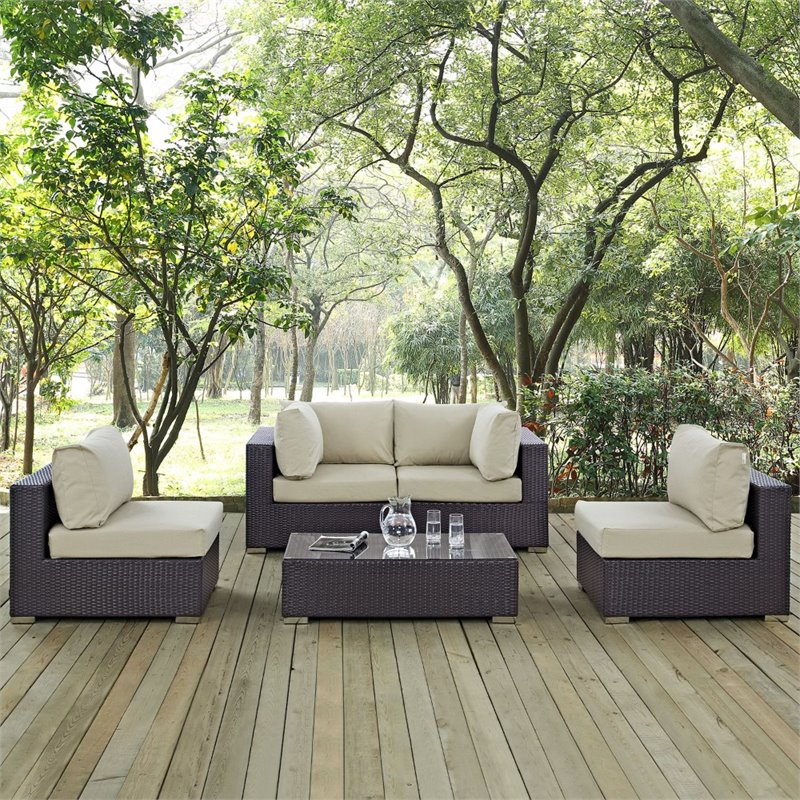 Modway Convene 5-Piece Aluminum and Rattan Patio Sectional Set - Espresso/Beige