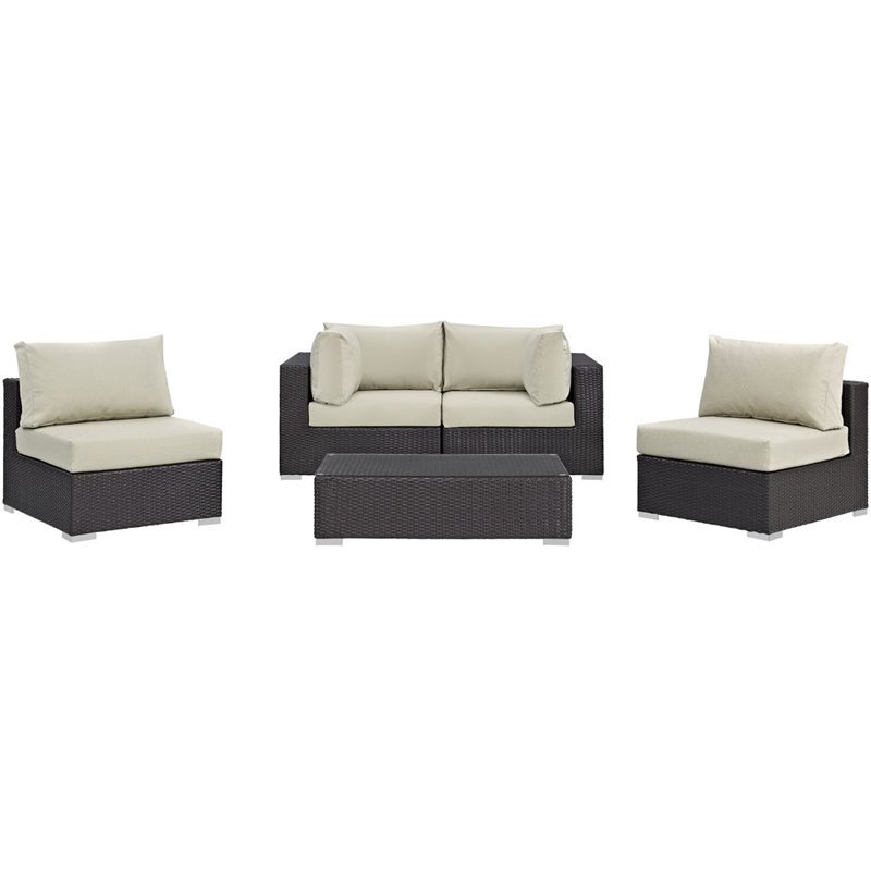 Modway Convene 5-Piece Aluminum and Rattan Patio Sectional Set - Espresso/Beige
