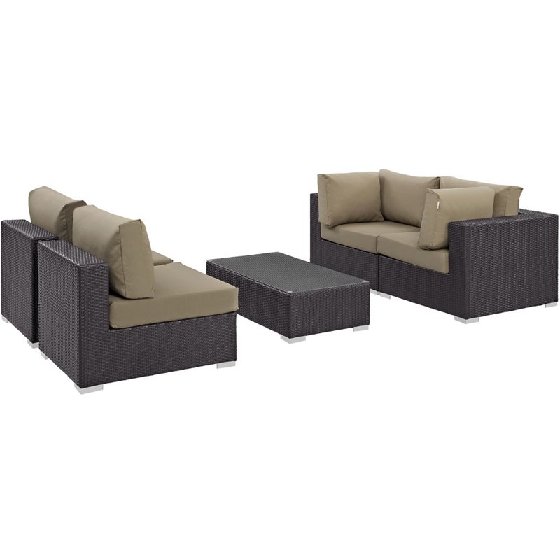 Modway Convene 5-Piece Aluminum and Rattan Patio Sectional Set - Espresso/Mocha