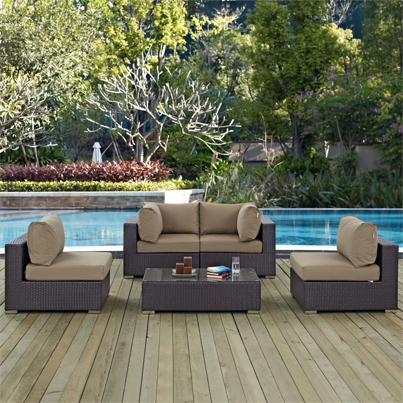 Modway Convene 5-Piece Aluminum and Rattan Patio Sectional Set - Espresso/Mocha