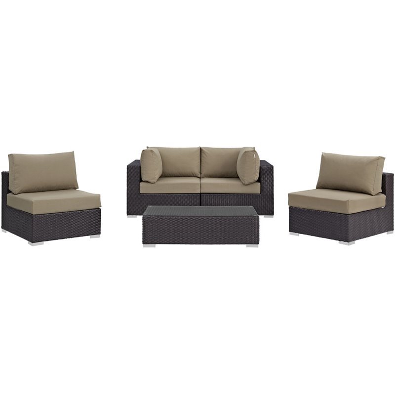 Modway Convene 5-Piece Aluminum and Rattan Patio Sectional Set - Espresso/Mocha