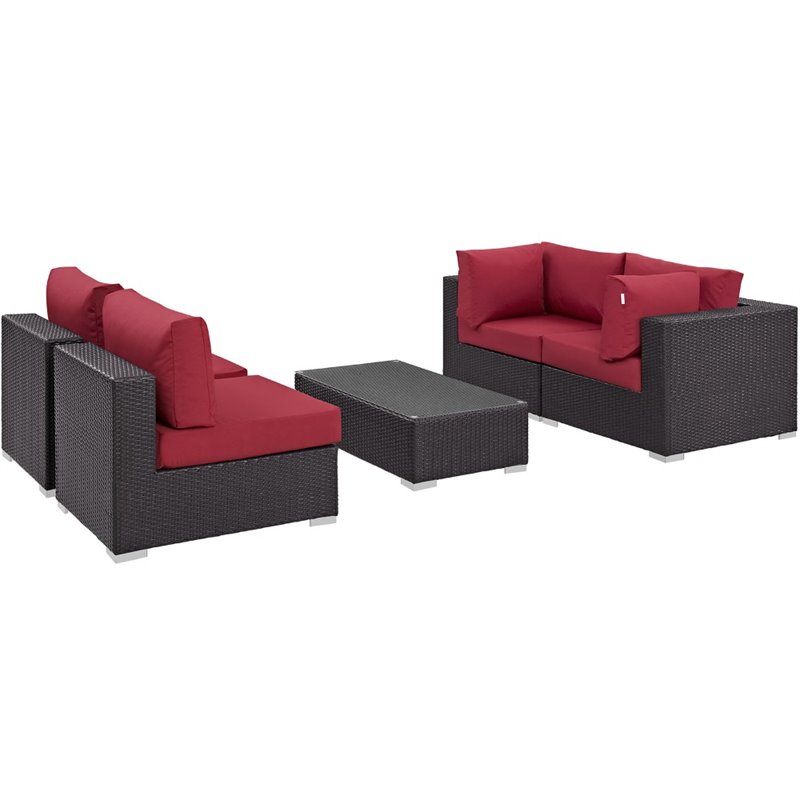Modway Convene 5-Piece Aluminum and Rattan Patio Sectional Set - Espresso/Red