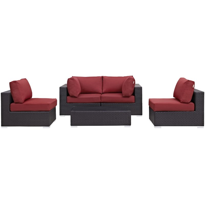 Modway Convene 5-Piece Aluminum and Rattan Patio Sectional Set - Espresso/Red
