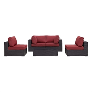 Modway Convene 5-Piece Aluminum and Rattan Patio Sectional Set - Espresso/Red