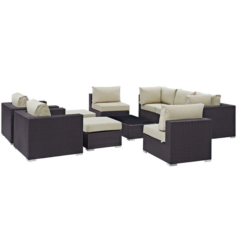 Modway Convene 10-Piece Aluminum Rattan Patio Sectional Set in Espresso/Beige