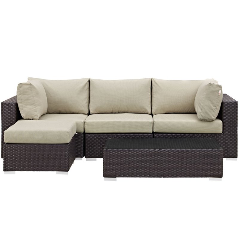 Modway Convene 5-Piece Aluminum and Rattan Patio Sectional Set in Beige/Espresso