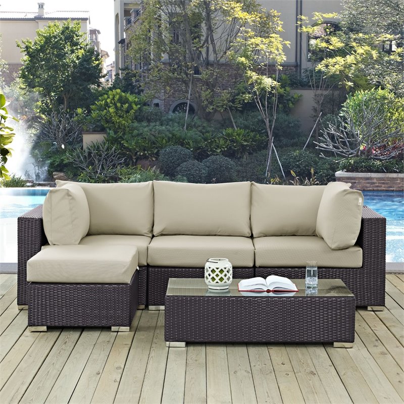 Modway Convene 5-Piece Aluminum and Rattan Patio Sectional Set in Beige/Espresso