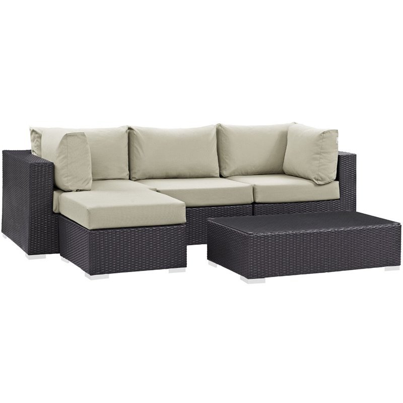 Modway Convene 5-Piece Aluminum and Rattan Patio Sectional Set in Beige/Espresso