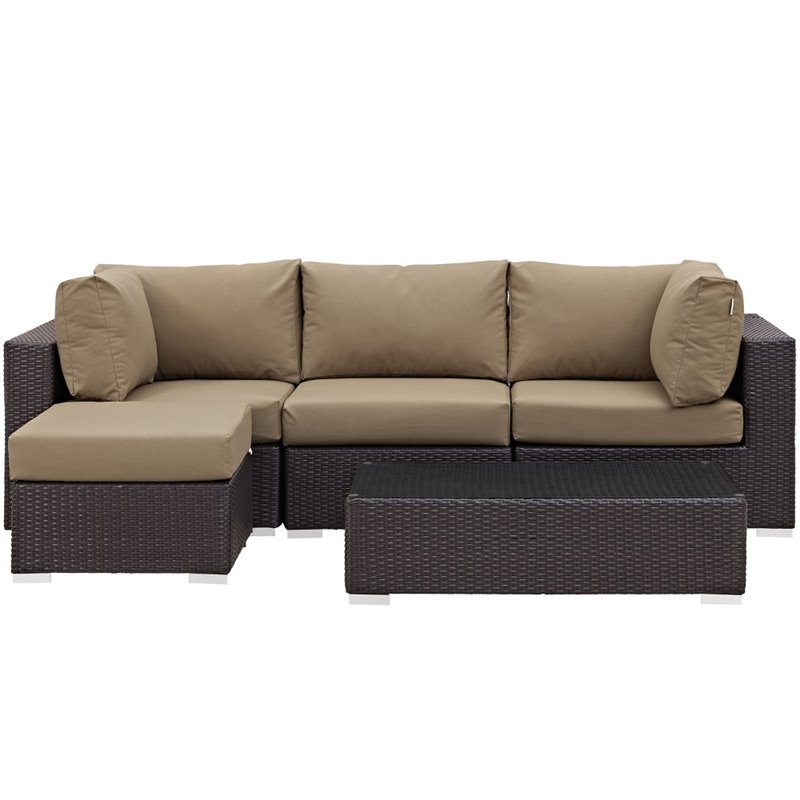 Modway Convene 5-Piece Aluminum and Rattan Patio Sectional Set in Mocha/Espresso