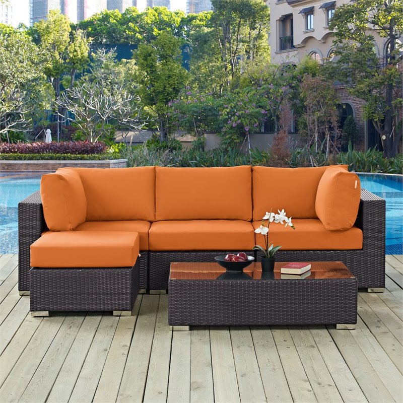 Modway Convene 5-Piece Aluminum and Rattan Patio Sectional Set - Espresso/Orange