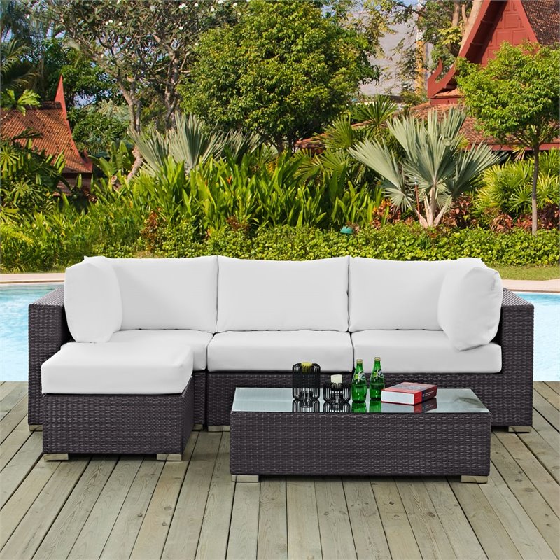 Modway Convene 5-Piece Aluminum and Rattan Patio Sectional Set in White/Espresso