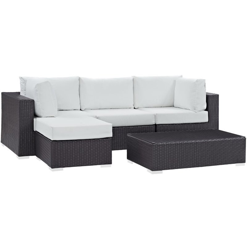 Modway Convene 5-Piece Aluminum and Rattan Patio Sectional Set in White/Espresso