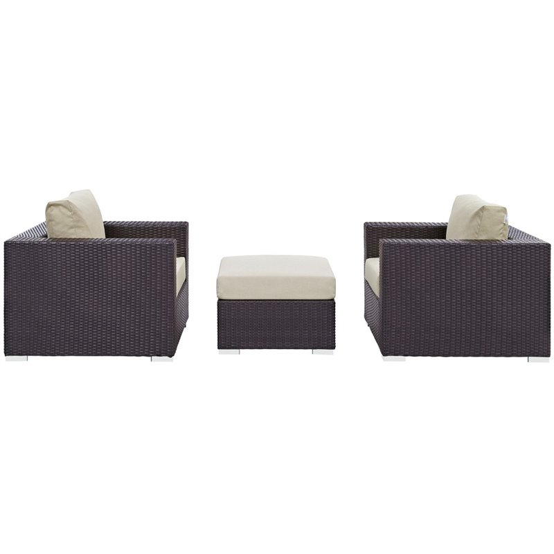 Modway Convene 3-Piece Aluminum and Rattan Patio Sofa Set in Beige/Espresso