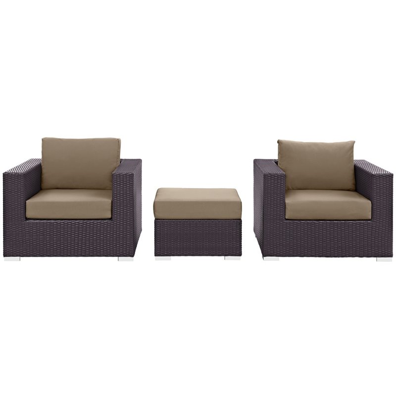 Modway Convene 3-Piece Aluminum and Rattan Patio Sofa Set in Mocha/Espresso