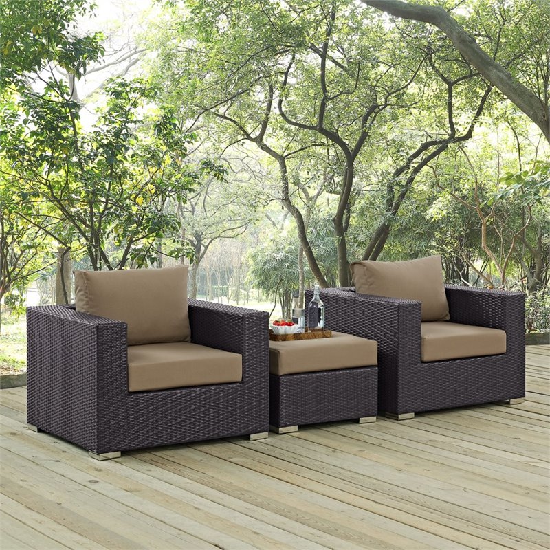 Modway Convene 3-Piece Aluminum and Rattan Patio Sofa Set in Mocha/Espresso