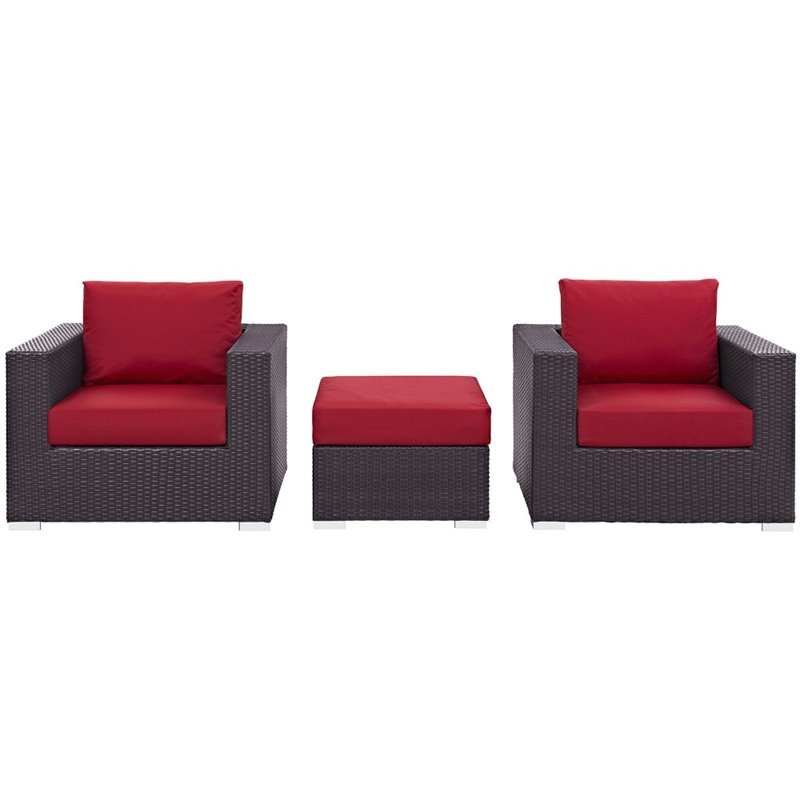 Modway Convene 3-Piece Aluminum and Rattan Patio Sofa Set in Red/Espresso