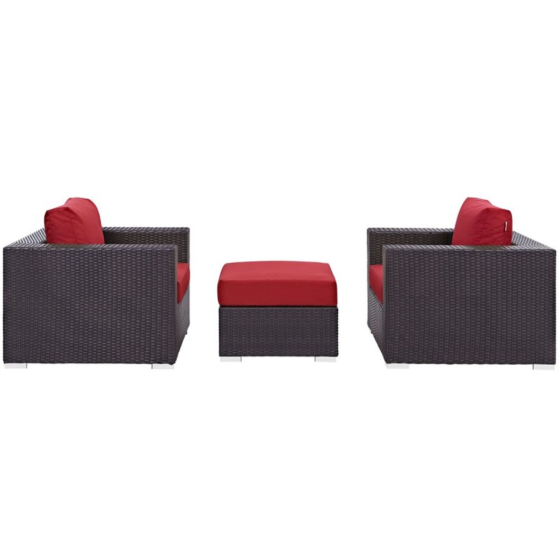 Modway Convene 3-Piece Aluminum and Rattan Patio Sofa Set in Red/Espresso