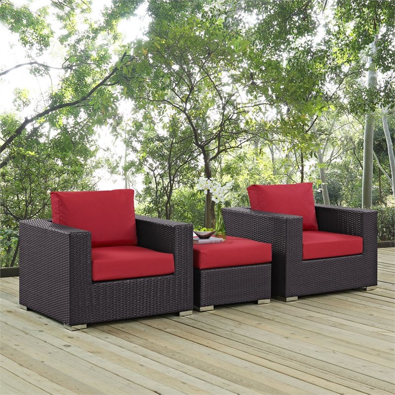 Modway Convene 3-Piece Aluminum and Rattan Patio Sofa Set in Red/Espresso